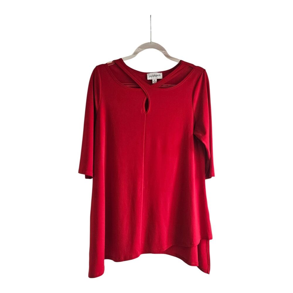 Peck & Peck Womens M Top Asymmetrical Hem Red Stretch Criss-Cross Neckline